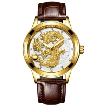 FNGEEN Nové hodinky mužské quartz hodinky dragon vzor světelný zlata barva quartz ultra-tenký ocelový pás