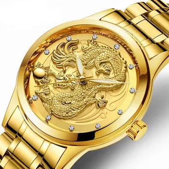 FNGEEN Nové hodinky mužské quartz hodinky dragon vzor světelný zlata barva quartz ultra-tenký ocelový pás