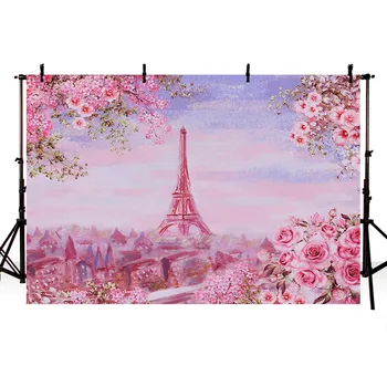 Fotografické Pozadí Růžové Pozadí Eiffelova Věž Paříž olejomalba Styl Květiny Balkon Malování pro Foto Studio Foto Prop