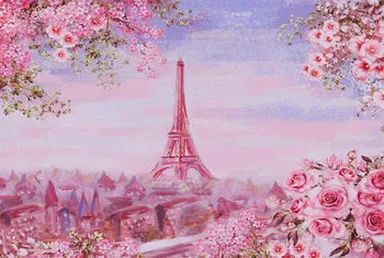 Fotografické Pozadí Růžové Pozadí Eiffelova Věž Paříž olejomalba Styl Květiny Balkon Malování pro Foto Studio Foto Prop