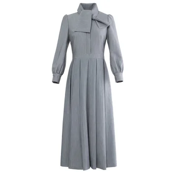 Francouzský styl luk lucerna rukáv skládaný šaty ženy jaro podzim slim vysokým pasem, ol skládaný dlouhé šaty
