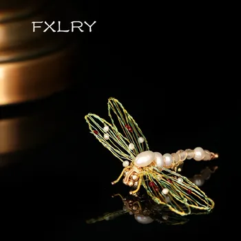 FXLRY Nové High-end Ručně vyráběné Tvarované přírodní pearl móda malé zvíře vážka brož kabát svetr pin