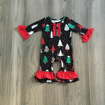 GirlyMax Zimní Dětské Dívky Vánoční Strom Tisk Romper Infant Batole Černá Červená Oblečení