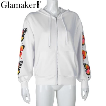 Glamaker Butterfly print ležérní bunda kabáty Ženy 2020 oversize s kapucí bílé dámy bunda ženské na podzim svrchní černá bunda