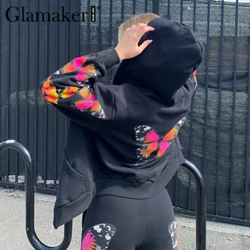 Glamaker Butterfly print ležérní bunda kabáty Ženy 2020 oversize s kapucí bílé dámy bunda ženské na podzim svrchní černá bunda