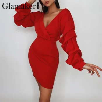 Glamaker Červené dlouhý rukáv sexy šaty ženy hluboká v neck vysokým pasem podzimní party club šaty elegantní vintage dámské mini šaty 2020