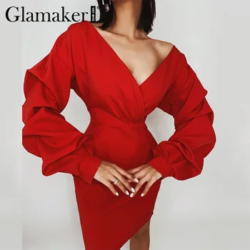 Glamaker Červené dlouhý rukáv sexy šaty ženy hluboká v neck vysokým pasem podzimní party club šaty elegantní vintage dámské mini šaty 2020