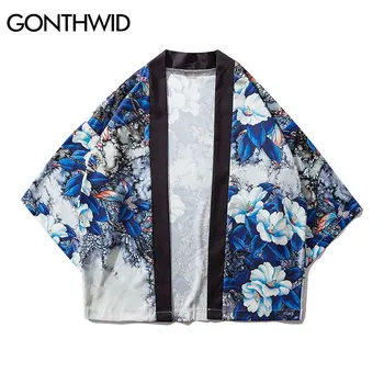 GONTHWID Japonský Styl Květiny Tisk Kimono Cardigan Haori Bundy Muži Harajuku Neformální Bunda Streetwear, Hip Hop Kabáty