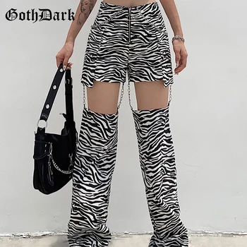 Goth Tmavě Y2k Harajuku Fashion Zebra Stripe Dámské Kalhoty E-holku Širokou Nohu S Kapsami Podzimní Kalhoty s Vysokým Pasem Streetwear