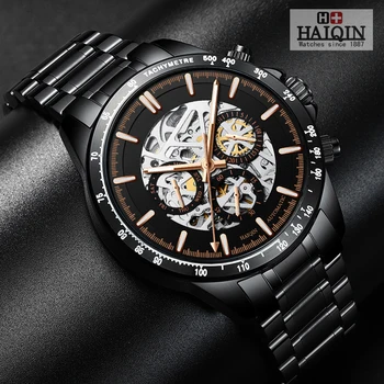 HAIQIN Černý Obchod Luxusní Automatické mechanické hodinky pánské hodinky top značky luxusní hodinky muži Gold kostra 2020