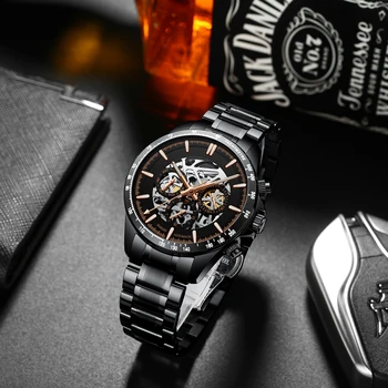 HAIQIN Černý Obchod Luxusní Automatické mechanické hodinky pánské hodinky top značky luxusní hodinky muži Gold kostra 2020