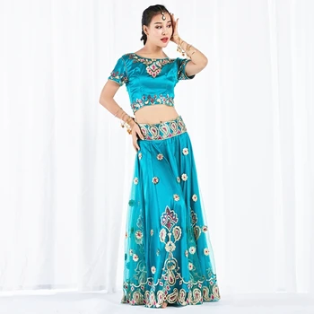 Halloween Taneční Oblečení Vystoupení Břišní Tanec Oblečení Indický Tanec Vyšívané Bollywood Kostým 3ks Set (Top, Sukně A Sari)