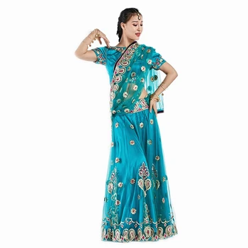 Halloween Taneční Oblečení Vystoupení Břišní Tanec Oblečení Indický Tanec Vyšívané Bollywood Kostým 3ks Set (Top, Sukně A Sari)