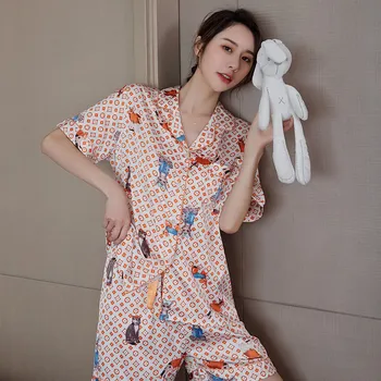 HaloSweet Krátké Turn-down Límec Letní Šortky Pyžama Sady Domácí Oblečení Kreslená Kočka Sada Pijama Femme Pyžamo Ženy, oblečení na Spaní