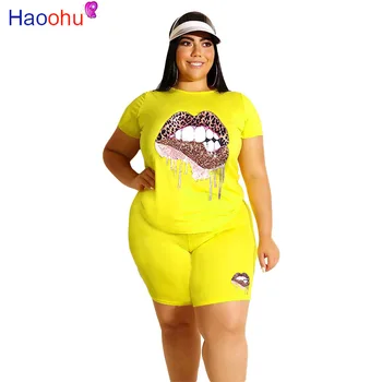 HAOOHU Plus Velikost XL-5XL 2020 Letní Dámské Soupravy Teplákové soupravy Krátký Rukáv Top Kalhoty Oblek dvoudílný Set Print Ležérní Fitness Oblečení