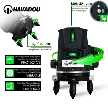 HAVADOU 5 Řádek 6 Bodů Zelený Laser 360°samonivelační Dobíjecí Horizontální A Vertikální 360°Super Silný Laser
