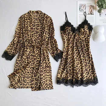 Hedvábné Pyžamo Set Pro Ženy Leopard Tisk 4 Ks Pyžama Sada Saténové Pyžama Mujer Oblečení Na Spaní Noční Úbory Domů Šaty Sexy Spodní Prádlo #W