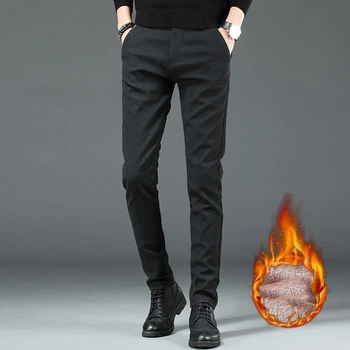 High-end značky pánské ležérní kalhoty Stretch kartáčovaný mládí populární kalhoty rovné nohy Plyšové klasické obchodní jednobarevné kalhoty