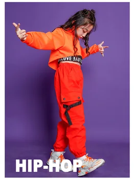 Hip Hop Oblečení Nastavit Taneční Kostým pro Dívky, Oranžová Oříznutého Mikina Jogger Kalhoty Jazz Tance Streetwear Oblečení
