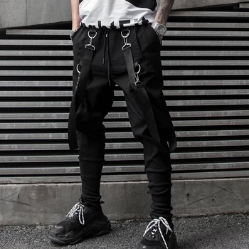 Hip Hop Pánské Běžci Kalhoty Černé Ležérní Streetwear Tepláky S Stuhy 2021 Jarní Módní Harem Kalhoty Pro Muže