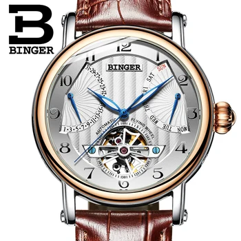 Hodinky Muži Švýcarsko luxusní značky BINGER obchodní sapphire Vodotěsné Kožený Řemínek Mechanické Pánské Náramkové hodinky B-1172-4