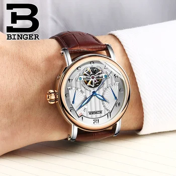 Hodinky Muži Švýcarsko luxusní značky BINGER obchodní sapphire Vodotěsné Kožený Řemínek Mechanické Pánské Náramkové hodinky B-1172-4