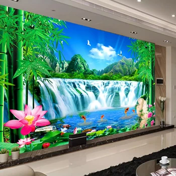 Hory, Vody, Vodopád, Krajiny Velké Nástěnné Tapety, Vlastní Velikost 3D Fotografie Tapety Obývací Pokoj Ložnice Zelený Bambus