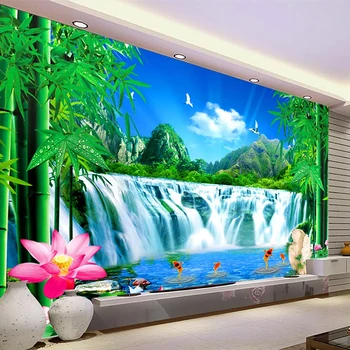 Hory, Vody, Vodopád, Krajiny Velké Nástěnné Tapety, Vlastní Velikost 3D Fotografie Tapety Obývací Pokoj Ložnice Zelený Bambus