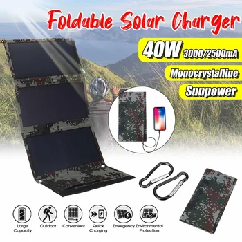 Hot Prodej 40W 5V Skládací Maskovací Solární Panel Power Bank Balení Dual USB Vodotěsný Batoh pro Kempování, pěší Turistika Lezení