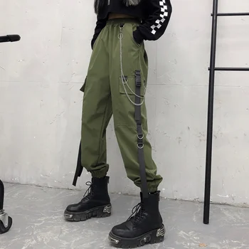 HOUZHOU Cargo Kalhoty Dámské korejský Styl Black Punk Kalhoty pro Ženy Řetězce Kalhoty Módní Tenké Kapsy Potu Kalhoty Joggers Dámské