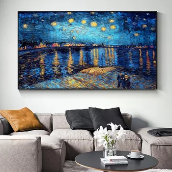 Hvězdná Noc na Řece Rhôně Vincenta Van Gogha, Slavného Impresionistického Umělce, olejomalby na Plátno pro Obývací Pokoj Dekor