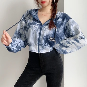 IAMSURE korejský Móda Streetwear Oblečení Tie Dye Oříznuté Mikiny 2020 Podzim Dlouhý Rukáv Ležérní Zip Up Dámské Mikiny