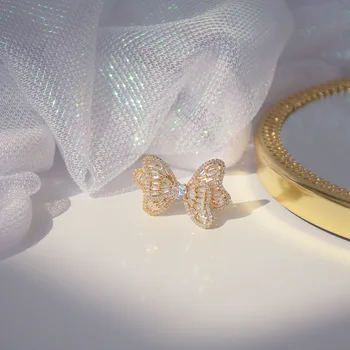 In Hot Prodej 14K Skutečné Zlato Nastavitelný Duté Prsteny pro Ženy Luxusní Zářící AAA Kubické Zirkony Motýl Zásnubní Prsteny