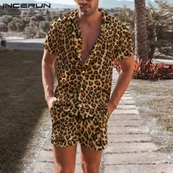 INCERUN Muže, Módní Sady Leopard Tisk Krátký Rukáv Klopě Košile Elegantní Plážové Šortky Streetwear Letní Pánské Obleky 2 Kusy S-5XL