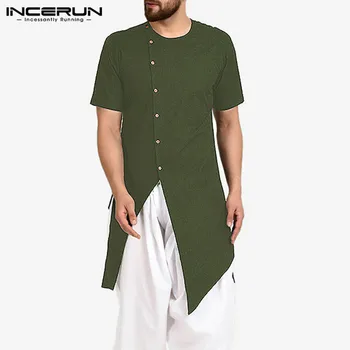 INCERUN Muži Tričko Indické Oblečení, Pevné Tlačítko 2021 Bavlna Krátký Rukáv Retro Kurtas Streetwear Muslimské Nepravidelné Dlouhé Košile Muži