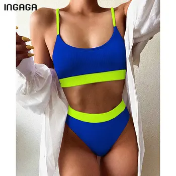 INGAGA Vysokým Pasem Bikini Plavky Ženy Push Up Plavky Žebrované Popruh Plavky Biquini Brazilské Bikiny 2021 Nové Plážové oblečení