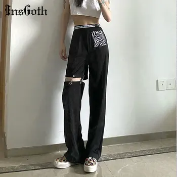 InsGoth Harajuku Punk Černé Kalhoty Gothic Streetwear Kovový Řetěz Patchwork Ženy Ležérní Volné Kalhoty S Vysokým Pasem Kalhoty