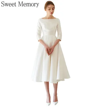 J1149 Sladké Paměti Lady White Jednoduchý Dlouhý Rukáv Plus Velikost Svatební Šaty A-Line Satén Svatební Šaty Vestido De Novia Župan Mariage