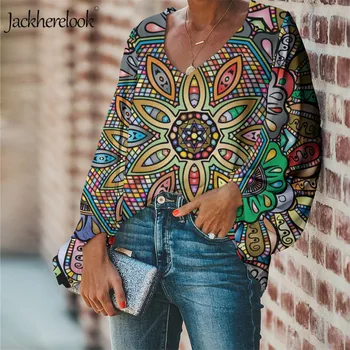 Jackherelook Mandala Boho Květinové Tisk Letní Šifon Halenka Ženy Top Sexy V-Neck Květina Design Blusas Mujer de Moda 2020