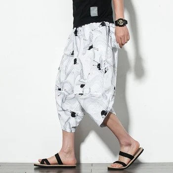 Japonská Vintage Jeřáb tisk Volné Elegantní Streetwear Bavlna Casual Thajské Kalhoty Baggy Bavlněné Povlečení Harem Kalhoty Muži Hip-hop muži Plu