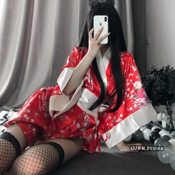 Japonské Kimono Sexy Cosplay Oblečení Pro Ženy, Tradiční Styl Župan Yukata Kostýmy, Pyžama Měkký Hedvábný Pás 3ks Set Black Red