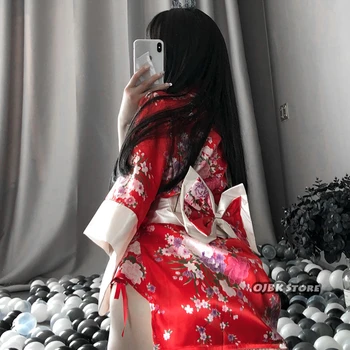 Japonské Kimono Sexy Cosplay Oblečení Pro Ženy, Tradiční Styl Župan Yukata Kostýmy, Pyžama Měkký Hedvábný Pás 3ks Set Black Red
