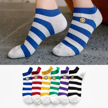 Jarní A Letní Bavlněné Ponožky Loď Módní Ženy Barevné Ženské Ponožky Mělké V Ústech Krátký Úsměv Výšivkou Girls Stripe Ponožky