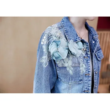 Jarní Harajuku Plus velikost 3D Květiny Slim Blue Washed Denim bunda Ženy Ležérní Kurtka jeansowa damska Podzim Krátké džínové bundě