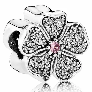 Jarní Poetické Srdce Apple Blossom Orchid Pink Daisy Flower Kouzlo, 925 Sterling Silver Korálky Fit Módní Náramek DIY Šperky