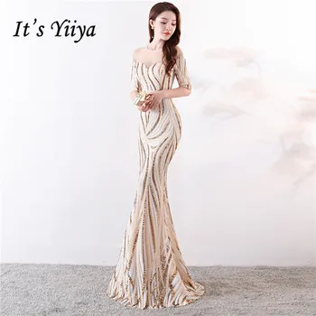 Je to Yiiya Večerní šaty Flitry O-neck Elegantní Podlaha délka dlouhé Plesové šaty Zip zpět Lištování Mořská panna Party šaty C120