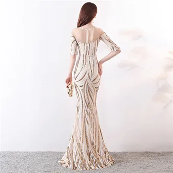 Je to Yiiya Večerní šaty Flitry O-neck Elegantní Podlaha délka dlouhé Plesové šaty Zip zpět Lištování Mořská panna Party šaty C120
