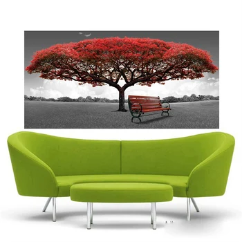 Jeden Červený Strom Lesní Krajina, Plátno Obraz, Horizontální Obdélník Nordic Obrázek Wall Art Pro Obývací Ložnice Dekor