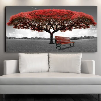 Jeden Červený Strom Lesní Krajina, Plátno Obraz, Horizontální Obdélník Nordic Obrázek Wall Art Pro Obývací Ložnice Dekor