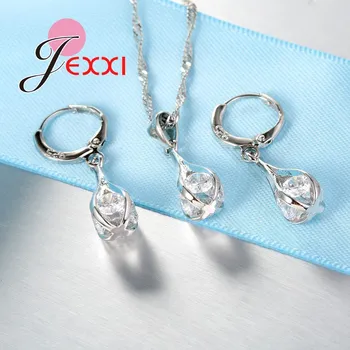 Jednoduché Svatební Svatební Šperky Set Pro Ženy 925 Sterling Silver Crystal Prohlášení Náhrdelníky Náušnice Šperky Set